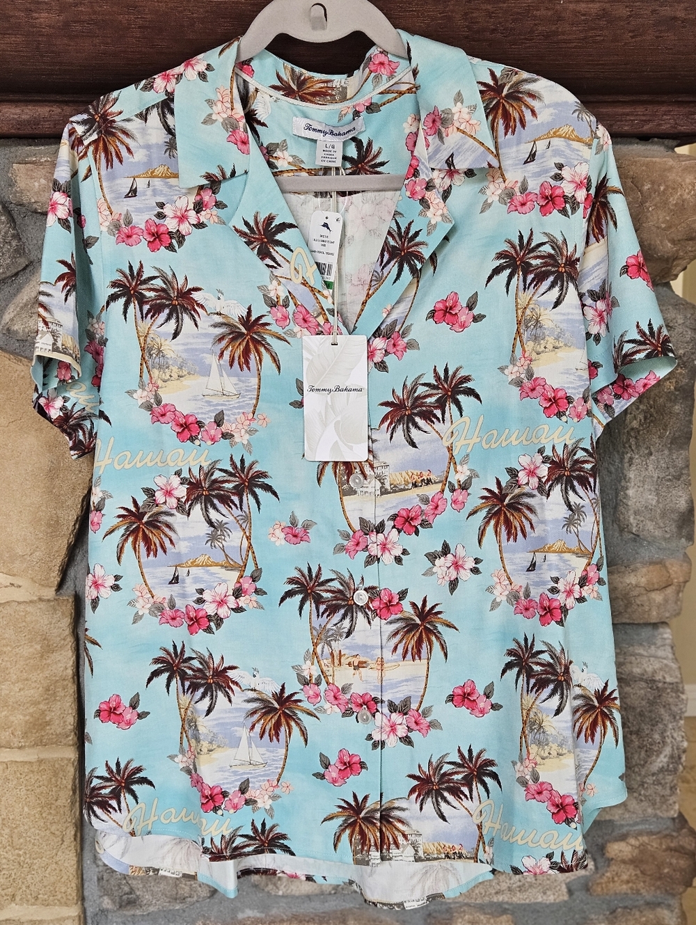 Tommy Bahama Talulla Camp Shirt - Aqua with Pink and Brown Lg NWT